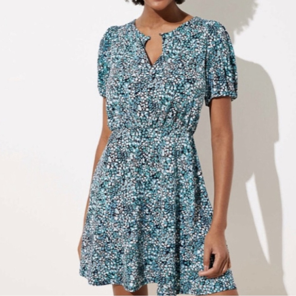 𝅺Loft Wildflower Floral Puff Sleeve Flare Mini Dress in Blue Size 20